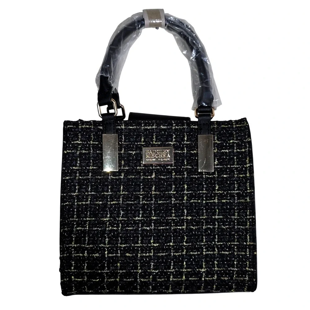 NWT Badgley Mischka New York The Tara Tweed Satchel Women Black Gold Handbag - Picture 5 of 9